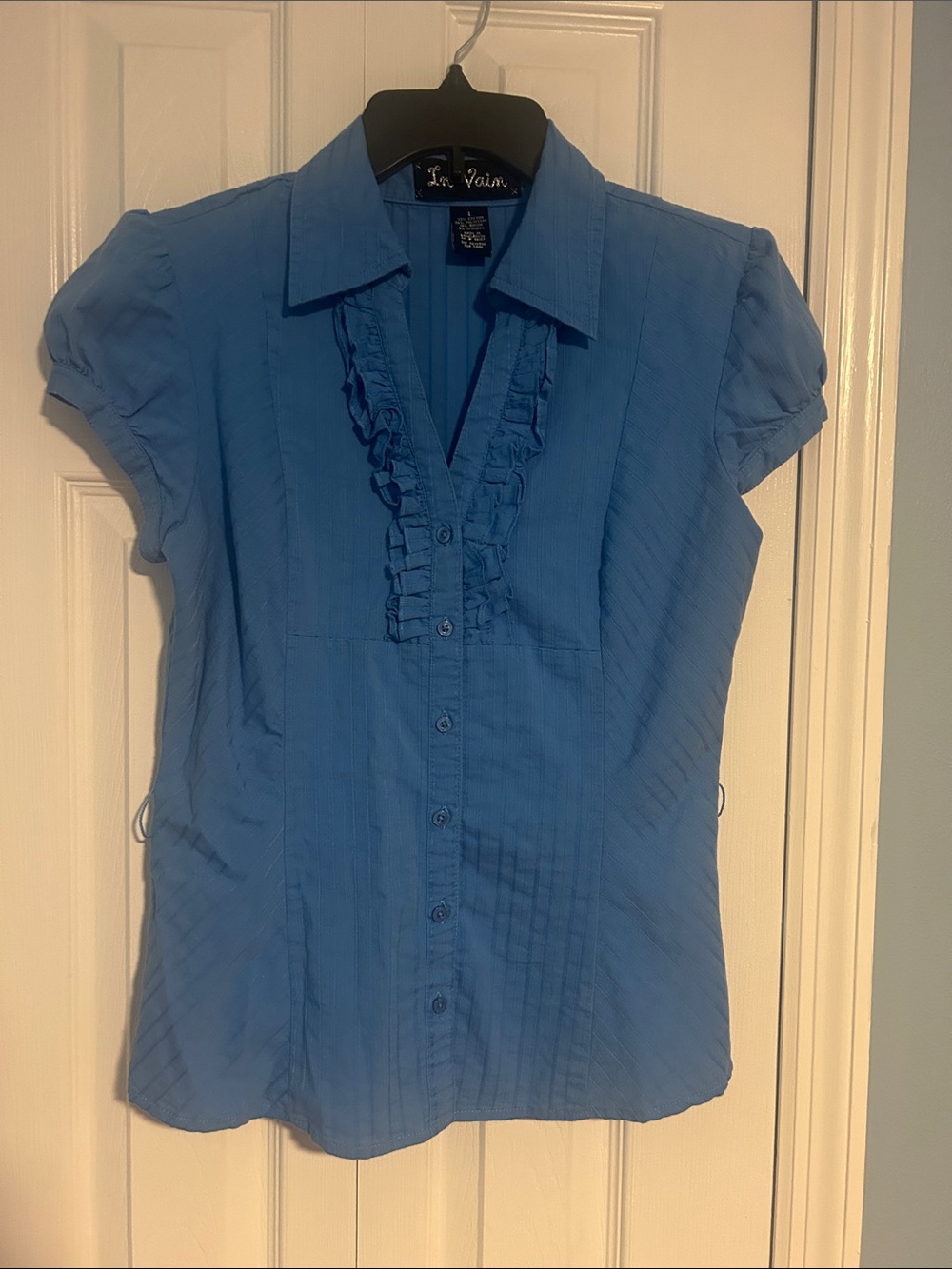 Women's Ruffle-Front Button Down Shirt in Blue
